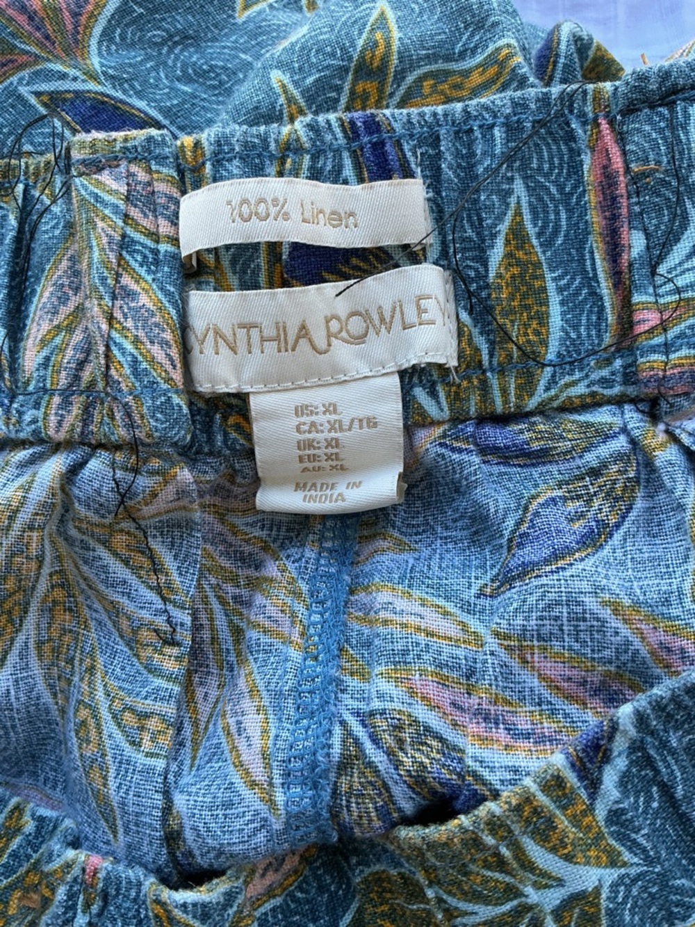 Cynthia Rowley Blue Linen Wide-Leg Pants with Multicolor Leaf Print